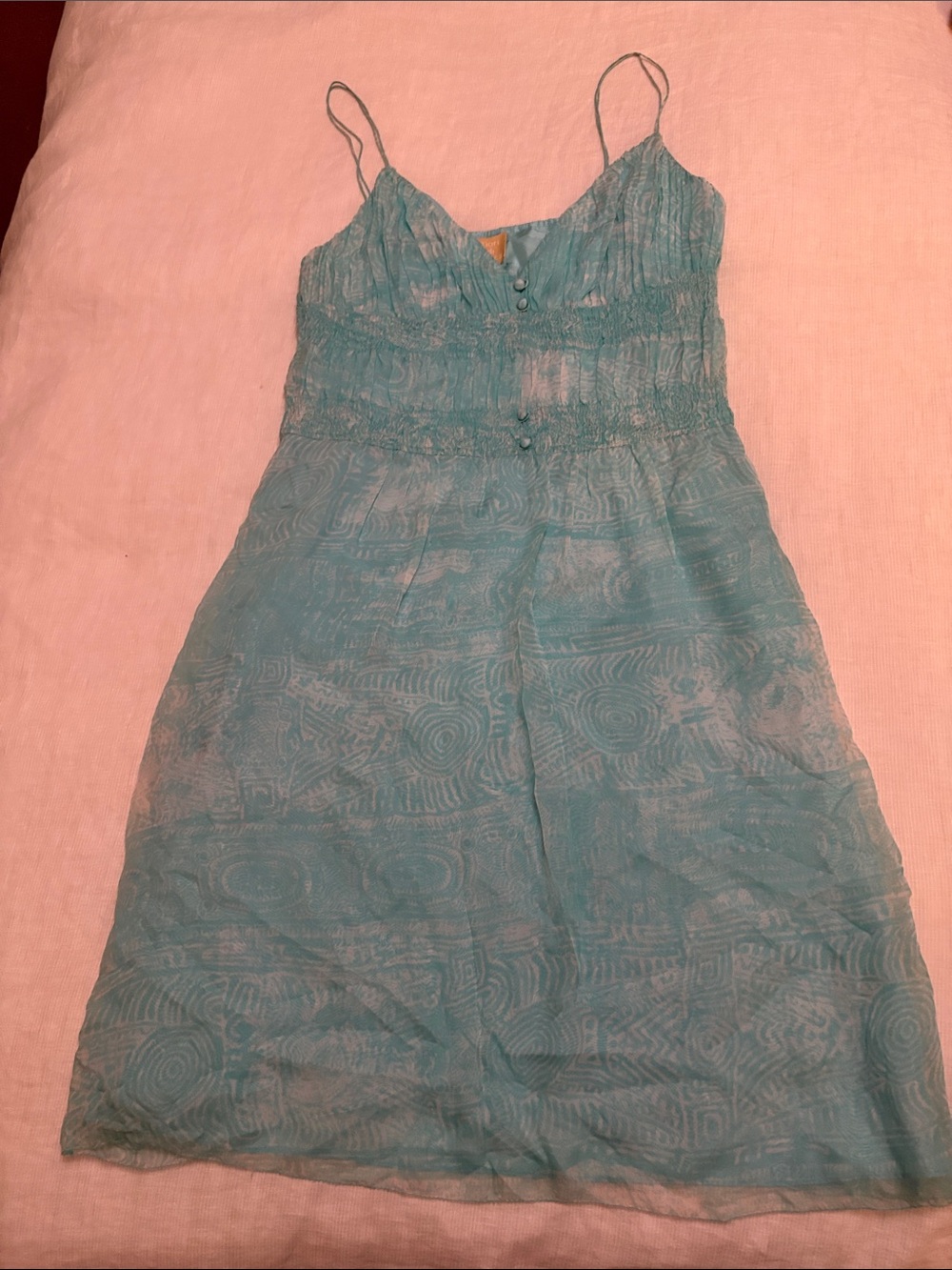 Light Teal Smocked Bodice Midi Dress with Spaghetti Straps